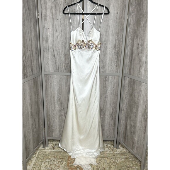 Sherri Hill Silk Ivory Formal Dress Jeweled Open Back Train Size 10 Altered - Picture 1 of 16
